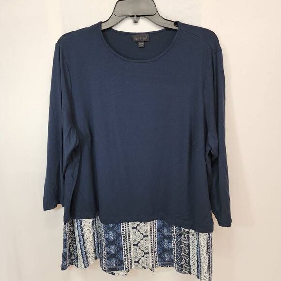 J Jill Shirt Size 2X Navy Print Trim Wearever Collection 3/4 Sleeve Top J20 - Picture 1 of 7